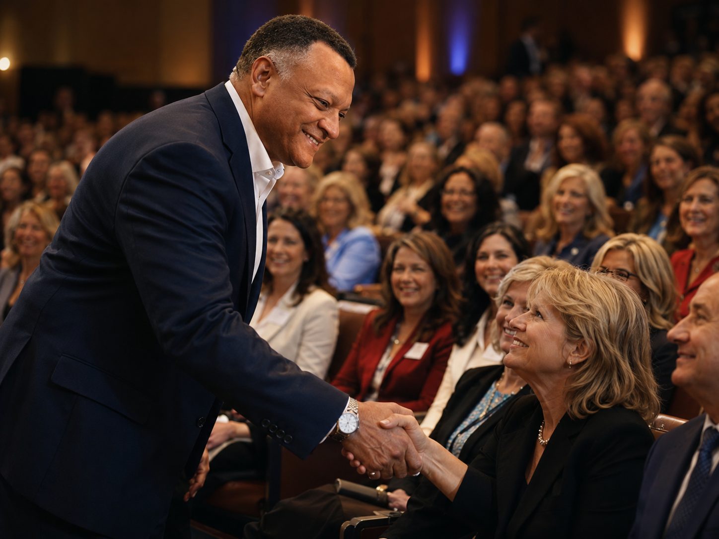 Randy Powell in a navy blazer smiling and shaking hands with a woman in the front row of a packed keynote audience.