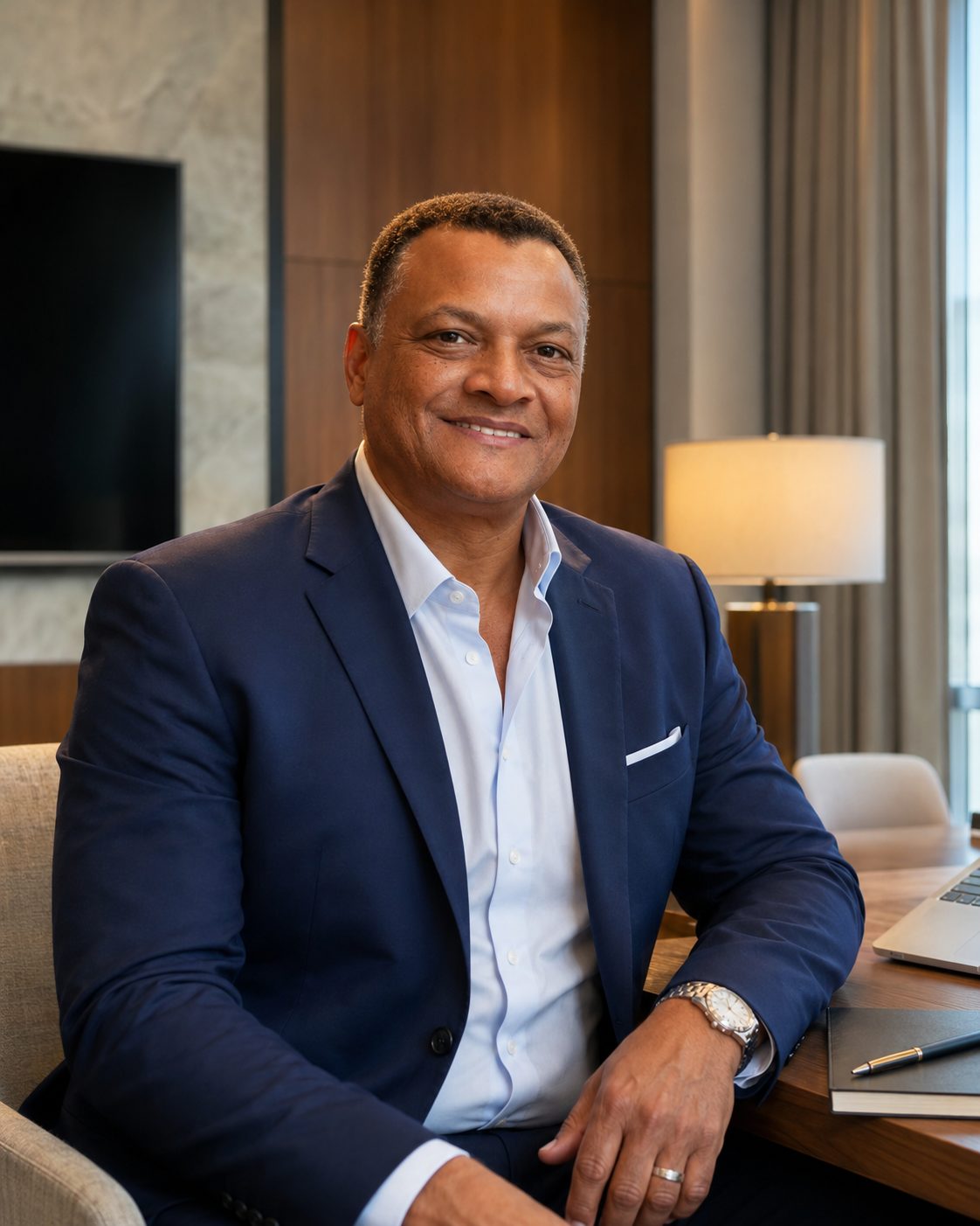 Randy Powell seated at a wooden desk in a warmly lit executive office, wearing a navy blazer over a light blue open-collar shirt, smiling toward the camera.