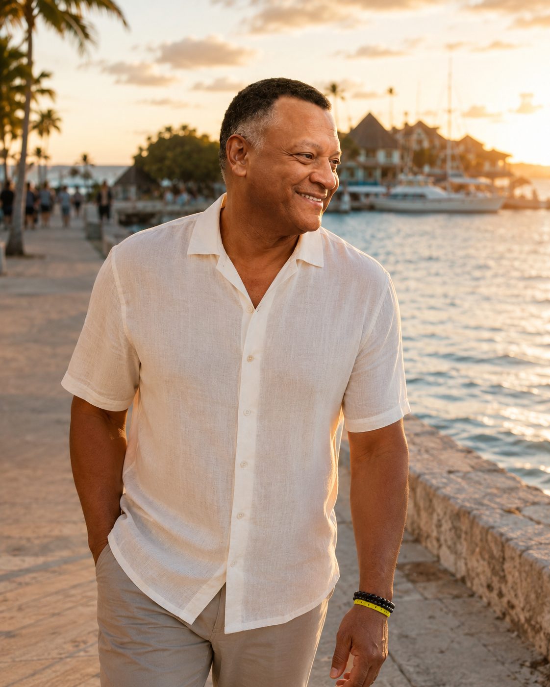 Randy Powell walking along a sunlit waterfront promenade in a cream linen shirt with palm trees, sailboats, and a golden sunset behind him.