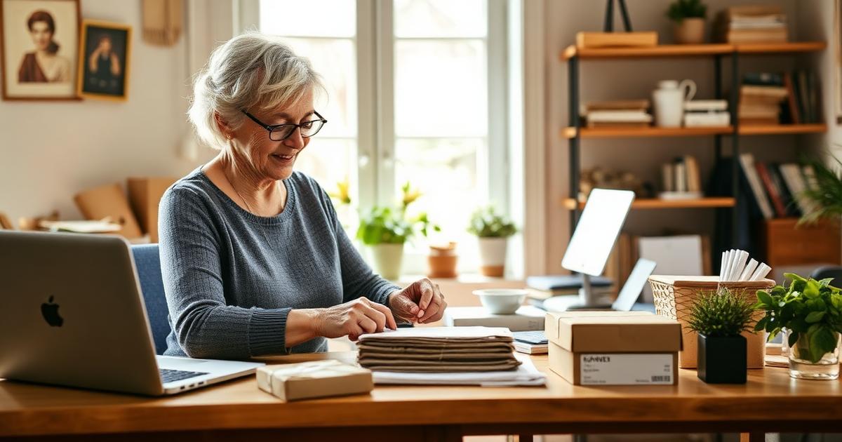 Retired professional reviewing notes for a new low-cost business venture at a kitchen table