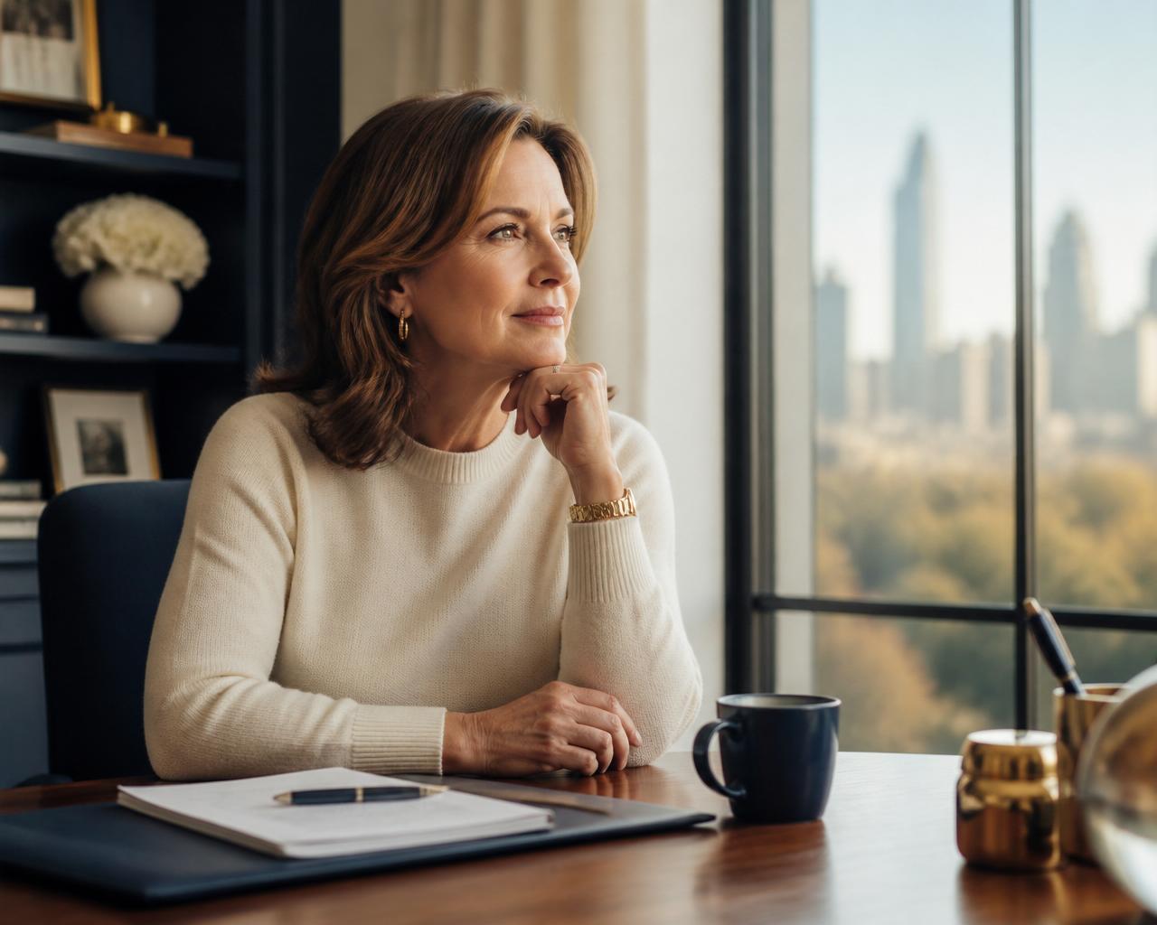 Accomplished woman at her desk, gazing out a sunlit window as she reflects on her next chapter